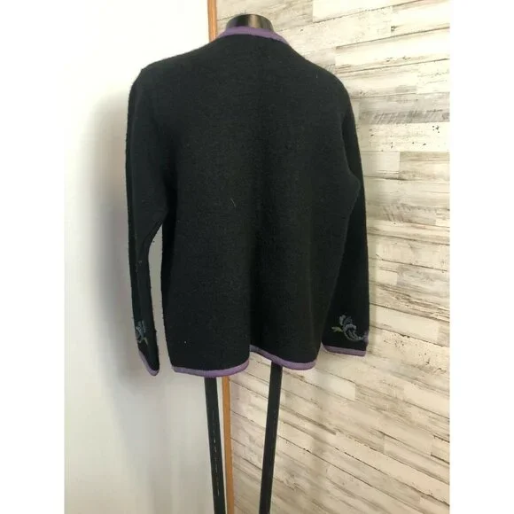 Eagles Eye Vintage Womens Black & Purple 100% Wool Embroidered Cardigan S - Picture 3 of 3